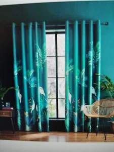 Sara Miller Heron Pair Lined Eyelet Curtains, Teal, Width 66 x Drop 90". New in - Picture 1 of 3
