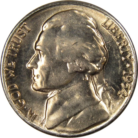 1954 S Jefferson Nickel 5 Cent Piece BU Uncirculated Mint State 5c US Coin Cover