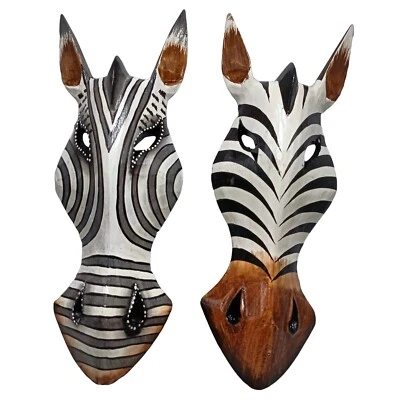 Conjunto de 2 máscaras de madeira safári animal cavalo zebra arte de parede decoração escultura segurando 12" - Imagem 1 de 4