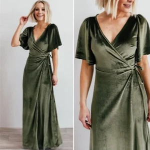 Balticborn Meghan Velvet Wrap Maxi Dress Size Small Olive Green Bridesmaid - Picture 1 of 12