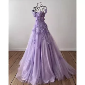 Lowime Beautiful Prom 3D Flower A-line Tulle Evening Dress Purple Prom Dress - Picture 1 of 6