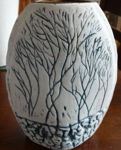 Vintage Tenmoku Pottery Pouch Vase Malaysia Blue Birch Trees 6” Nature - Picture 1 of 8