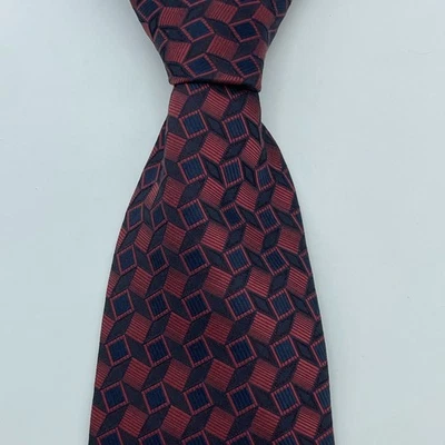 Corbata Roberto Villini Roja Azul Marino Geométrica Seda Hecha a Mano Italiana 4x59 Foto 1 de 4