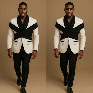 Black White Men Suits Shawl Lapel Dinner Party Pageant Formal Tuxedos Men Blazer - Picture 1 of 17