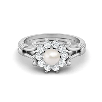 925 Sterling Silver 0.33Ct Round Natural Pearl Cluster Women Engagement Ring - Image 1 of 4