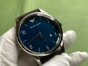 EMPORIO ARMANI AR-1944 Blue Dial Brown Leather 5 ATM Date S/S QUARTZ MEN'S Watch - Picture 1 of 17