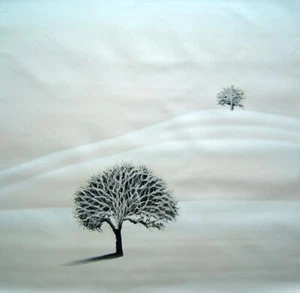 32x32 Invierno Dos Árboles Solitarios en Nieve Pintura al Óleo Paisaje Decorativo - Imagen 1 de 1