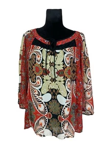 Figueroa & Blumen Bluse Gr. L Paisley Tunika Top Schlüssellochausschnitt Spitze & Chiffon - Bild 1 von 12