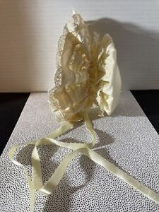 Vintage Handmade Hand Sewn Lace Satin Baby or Doll Bonnet Ivory Ruffled