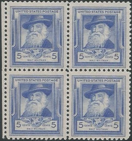 Block of 4 stamps - Scott 867 - 5 cent - Walt Whitman - 1940 - LH - Image 1 of 1