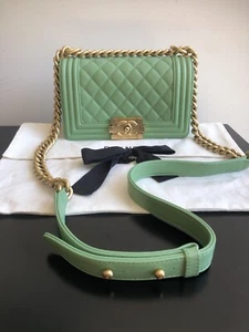 AUTHENTIC CHANEL QUILTED LAMBSKIN SMALL BOY BAG MINT GREEN - Picture 1 of 23