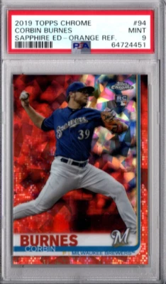2019 Topps Chrome Sapphire Corbin Burnes #94 RC Orange Refractor #/25 PSA 9 - Image 1 of 2
