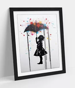 PARAGUAS ESTILO BANKSY NIÑA MULTICOLOR LLUVIA - ENMARCADO PÓSTER DE ARTE DE PARED IMPRESIÓN PAPEL - Imagen 1 de 10