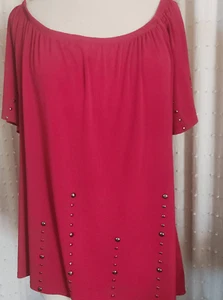 T74 Essentials Red Western stretchy top deep scoop neck silver decorative studs - Picture 1 of 10