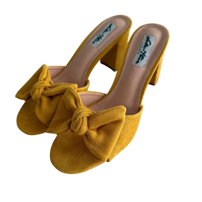 Новый LULU HUN London Mary желтый замшевый с открытым носком бант женщины блок каблук, 9 - Изображение 1 из 4