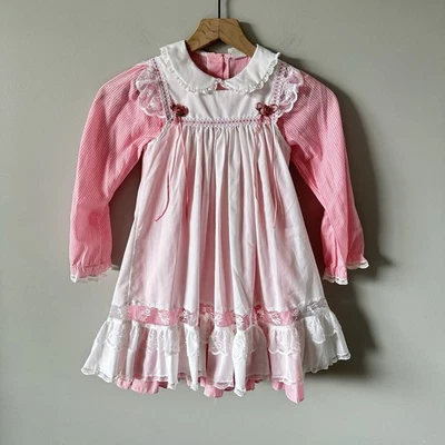 Vintage Bryan Dress 6X Pink White Striped Pinafore 2 Piece Lacy Party Fancy - Image 1 of 4