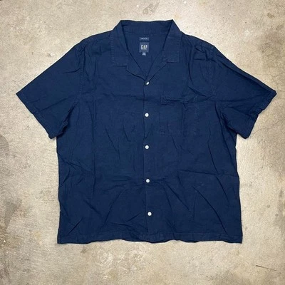 Camisa Gap Lino Manga Corta Botón Cuello Campamento Azul Marino Para Hombres XL Dinero Antiguo Foto 1 de 4