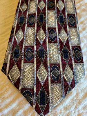 Paulo Avanti 100% seda geométrica, cinza/borgonha/azul, comprimento clássico 58 pol x 4 pol - Imagem 1 de 4