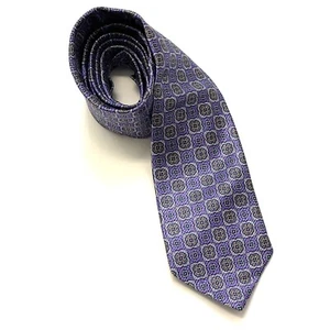 David Donahue Vintage 90s Purple Geometric Medallion Woven Long Silk Tie - Picture 1 of 6