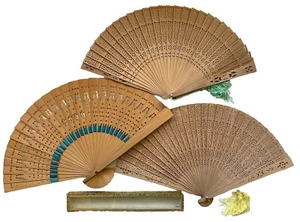 Vntg Hand Fans Folding Wood Lot Of 3 Glass Box 14” Open - Picture 1 of 22
