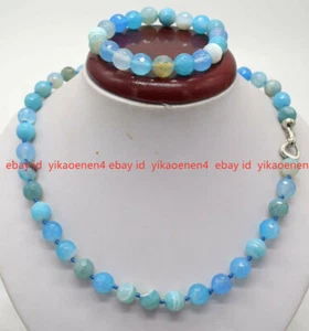 Natural Faceted Blue Striped Agate Round Gemstone Beads Necklace Bracelet Set - Picture 1 of 15