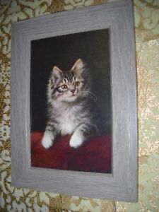 KITTEN LEANS ON COUCH BACK 4 X 6 gray frame animal picture Victorian style print