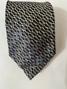 Pronto Uomo Neck Tie Mens Gold Blue Geometric Pattern 100% Silk - Picture 1 of 5