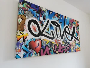 Personalised Name Graffiti Wall Art Canvas Print 32" X 16" - boys girls bedroom - Picture 1 of 10