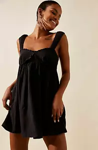 FREE PEOPLE MINI DRESS Black Blissful Breeze Linen Cotton M/ 12-14 💖NEW RRP £70 - Picture 1 of 11