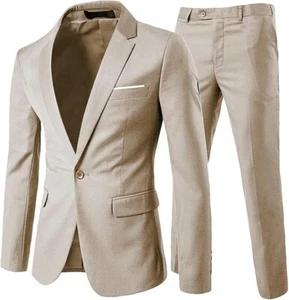 Traje Para Hombre Calce Ajustado Beige 2 Piezas XL 44R 38 Cintura 1 Botón Muesca Solapa - Imagen 1 de 3