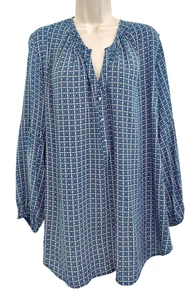 Grand & Greene Woman’s Sz 2X Top Blue & White Geometric Lantern Sleeve Lagenlook - Picture 1 of 12