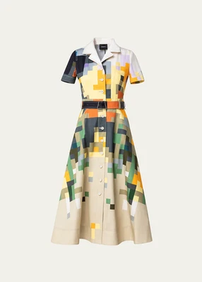 NUEVO 16 Akris Algodón Denim Pixel Fit y Acampanado Botón Camisa Vestido con Bolsillos Foto 1 de 4