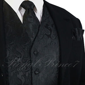 BLACK XS to 6XL 20-B Paisley Tuxedo Suit Dress Vest Waistcoat & Neck tie Hanky 