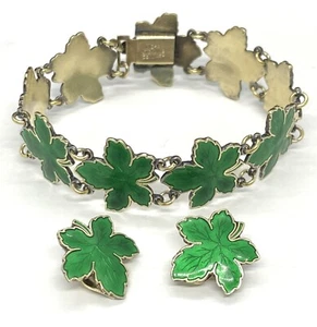David Meka Denmark Sterling Silver Green Enamel Maple Leaf Bracelet Earrings 32g - Picture 1 of 12