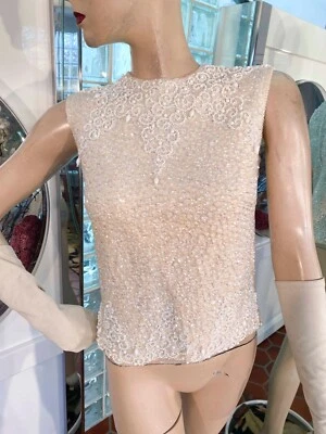 Excelente suéter tejido 100 % lana marfil sin mangas con cuentas lentejuelas años 60 de colección 34" Foto 1 de 4