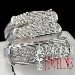 14K White Gold Finish Genuine Diamond Engagement Wedding Bridal Trio Rings Set - Picture 1 of 4