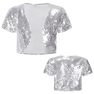 Girls Sequins Cardigan Open Front Glitter Cropped Blazer Bolero Shrug for Dress - Picture 1 of 33