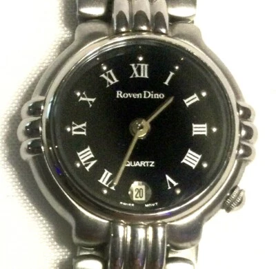 RARE LADIES ROVEN DINO SWISS WATCH Solid Stainless Black Dial & Silver Numerals - Image 1 of 4