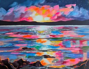 Original Art Hand-Painted On Canvas. Acrylic Painting. Landscape Seascape Sunset - Picture 1 of 1