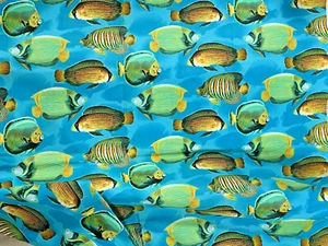 2 yards NEW blue and green cotton fabric 44" wide tropical fish pattern crafts - Picture 1 of 6