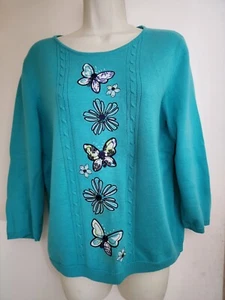 Alfred Dunner Pull Over Sweater Turquoise Butterflies Sequin Embroidery SZ PL - Picture 1 of 4