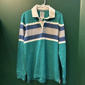 Lands’ End Rugby Polo Shirt Men’s M Blue Teal White Striped 1/4 Button NWOT - Picture 1 of 5