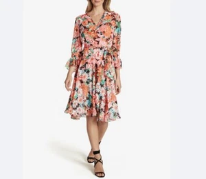 $175 TAHARI ASL Floral Print V-Neck Ruffled Smock Details Tie Waist Dress NWT - Picture 1 of 7