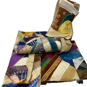 Crazy Quilt Pieces Antique Unfinished Multicolor Square Shaped 1870s Set Of 5 - Picture 1 of 24