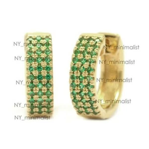 Pave Emerald Huggie Hoop Earrings Solid 14k Yellow Gold Real Gemstone Jewelry - Picture 1 of 13