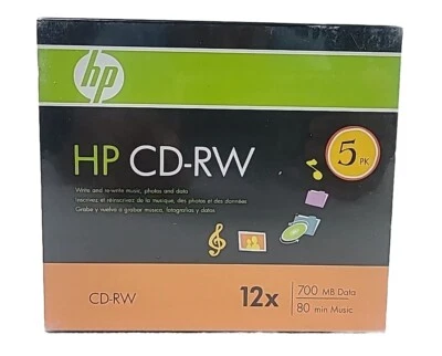 5-PK HP Logo 12X CD-RW CDRW ReWritable Blank Disc 700MB in Slim Jewel Case - Image 1 of 3