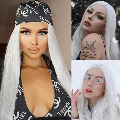 Pelucas largas plateadas blancas de encaje frontal liso sintético pelucas de fiesta seguras contra el calor Foto 1 de 4