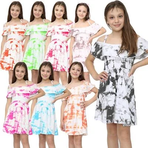 Kids Girls Skater Dress Tie Dye Print Summer Party Off Shoulder Dress 5-13 Years - Picture 1 of 47