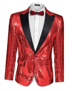 Mens Sequin Blazer Tuxedo Party Prom Wedding Tuxedo One Button X-Large Red - Picture 1 of 7