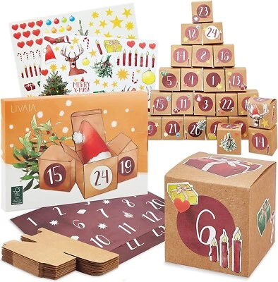 Zum Selbermachen Adventskalender Kit 24 Kraft Würfel Papierboxen Aufkleber Jute Seil von Livaia - Bild 1 von 4